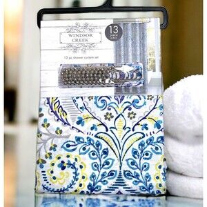 New Windsor Creek Shower Curtain Blue Teal Yellow Purple Floral with Hooks NEW